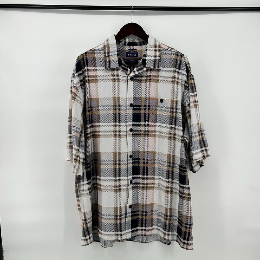 Trust Linen Blend Shirt Mens 3X Brown Tan Plaid Short Sleeve Coastal Heritage